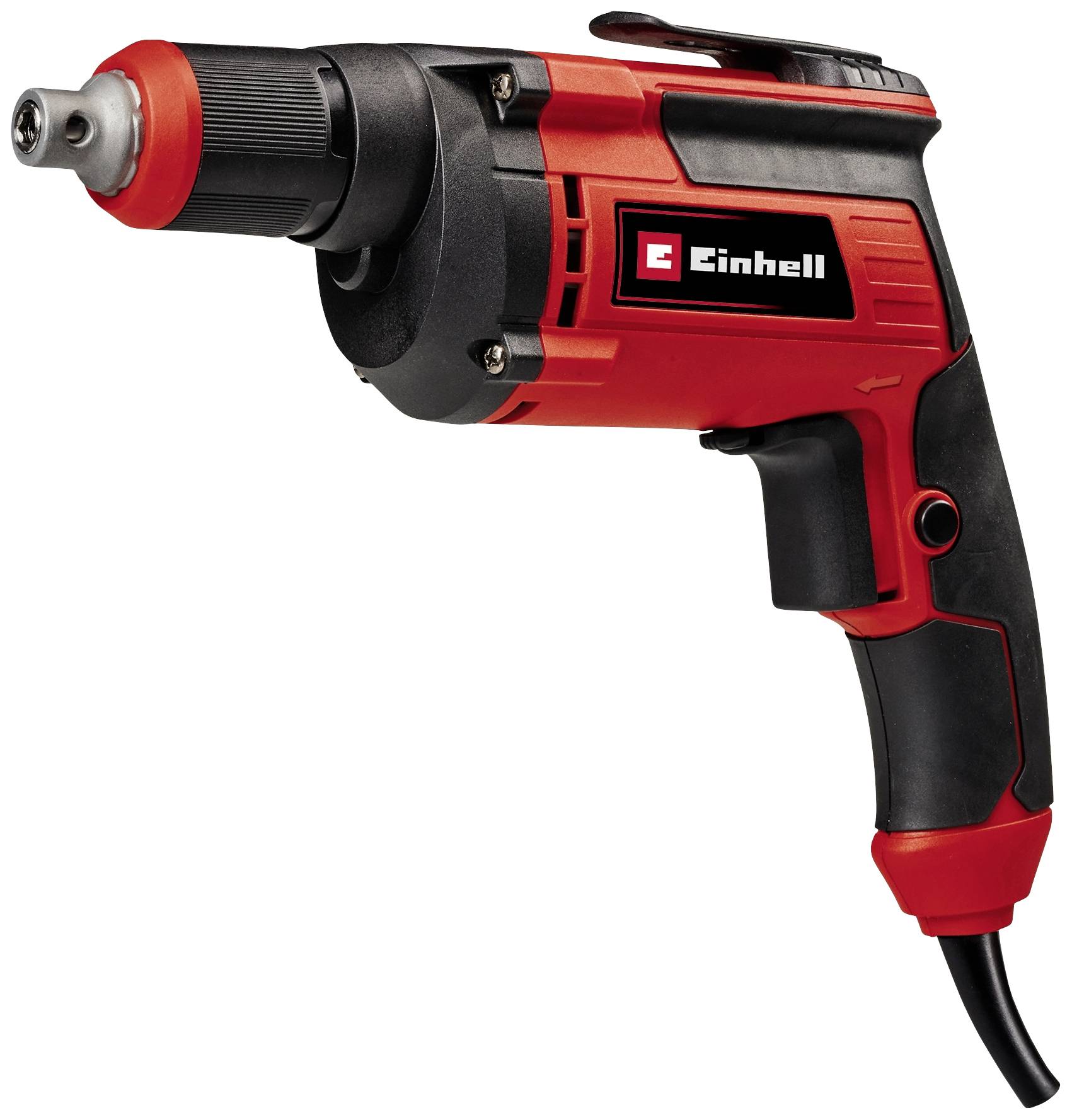 Red and black electric tool by Einhell, handle and drill head visible, suitable for construction or DIY work.