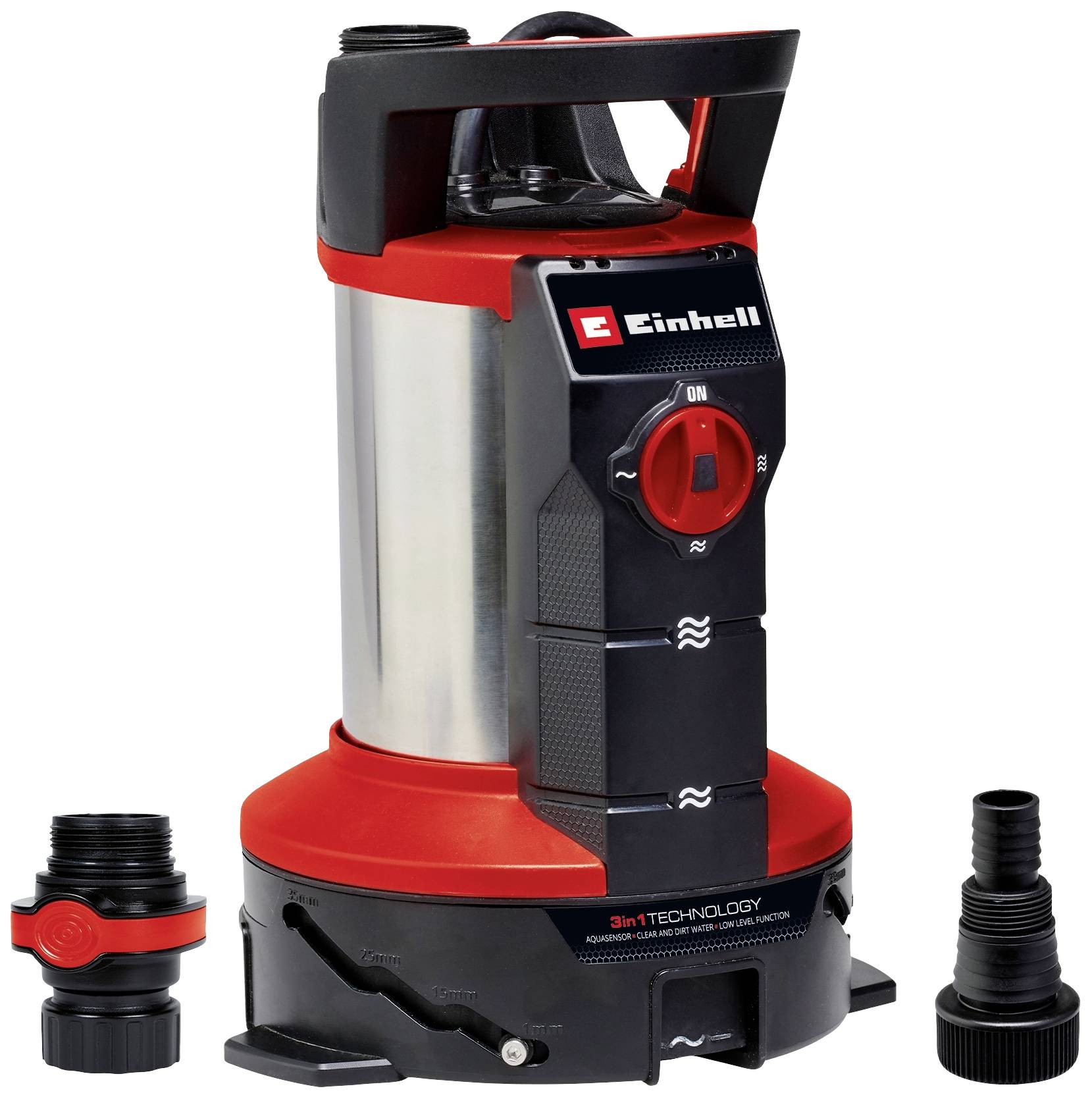 A red and black water pump with an on/off switch and two connections, branded 'Einhell'.