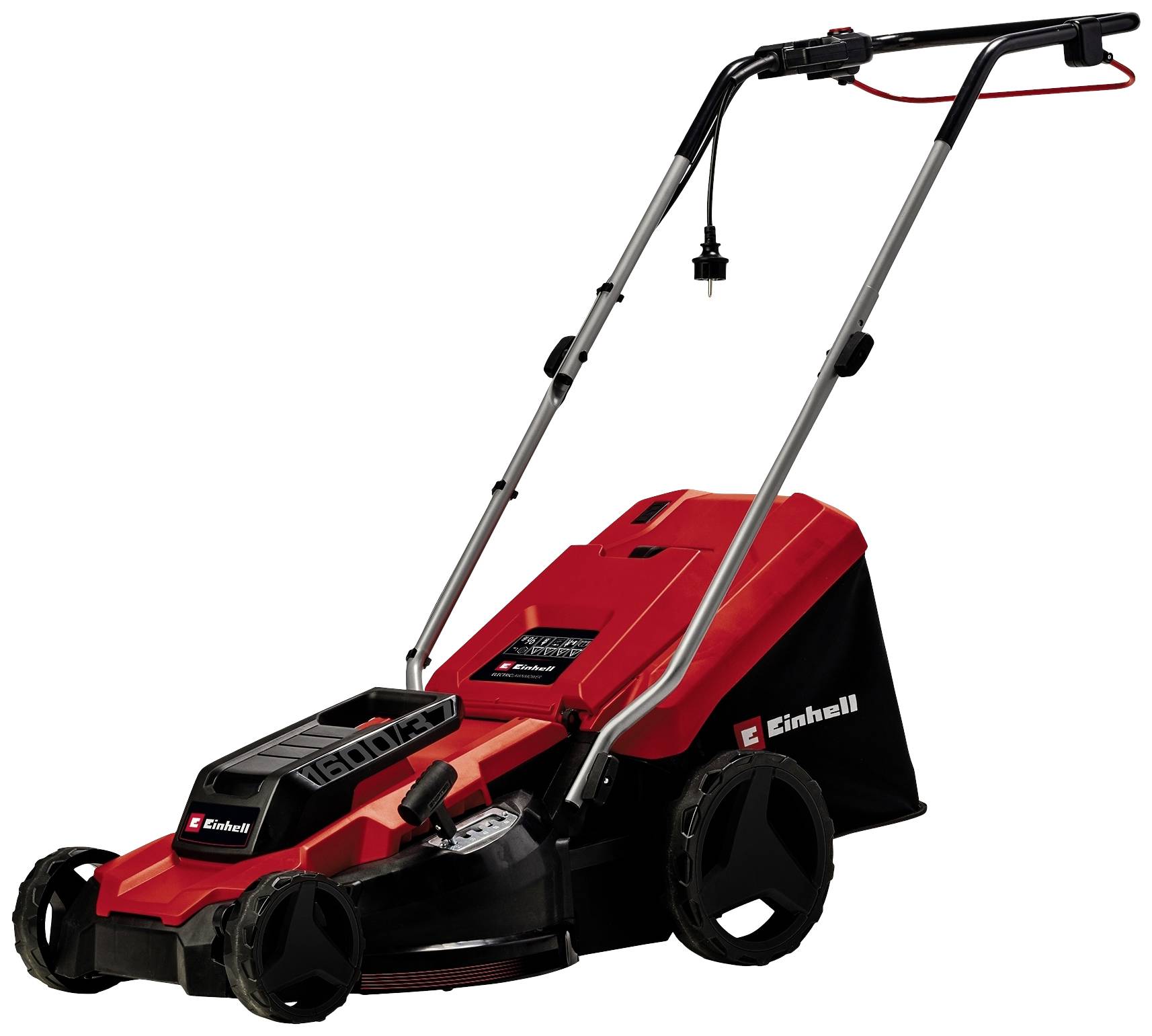 Red and black electric lawnmower with cable, Einhell brand. Positioned on a white background, front and side views visible.