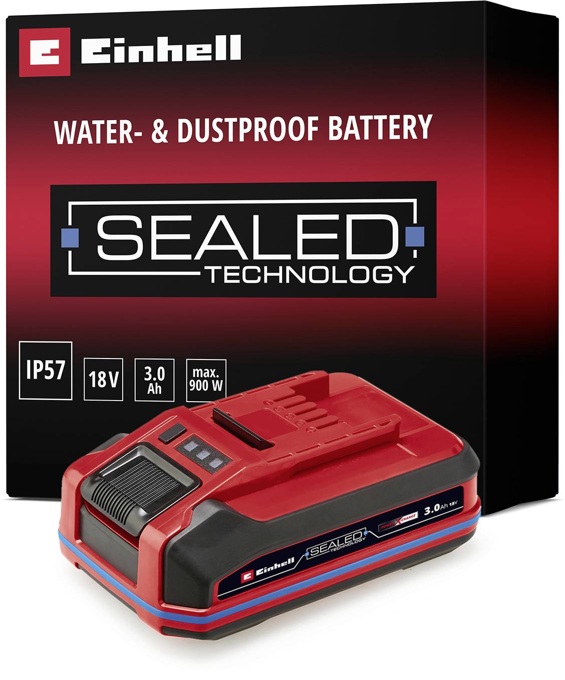 Two red and black Einhell SEALION lithium-ion batteries side by side. Top: 3.0 Ah, bottom: 6.0 Ah. Both with SEALION technology.