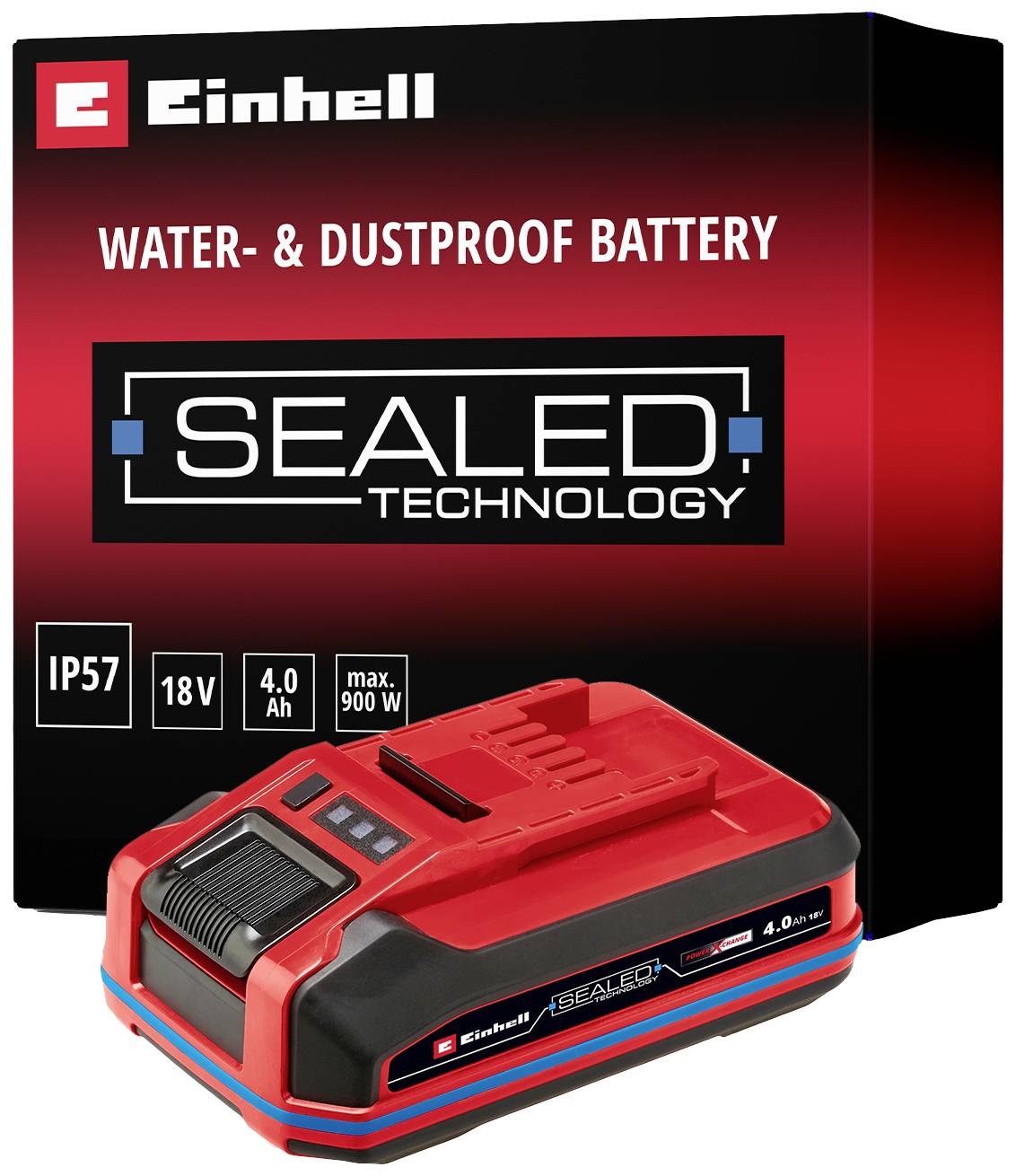 'Einhell IP57 18V 4.0Ah battery in red design on a black packaging with the inscription 