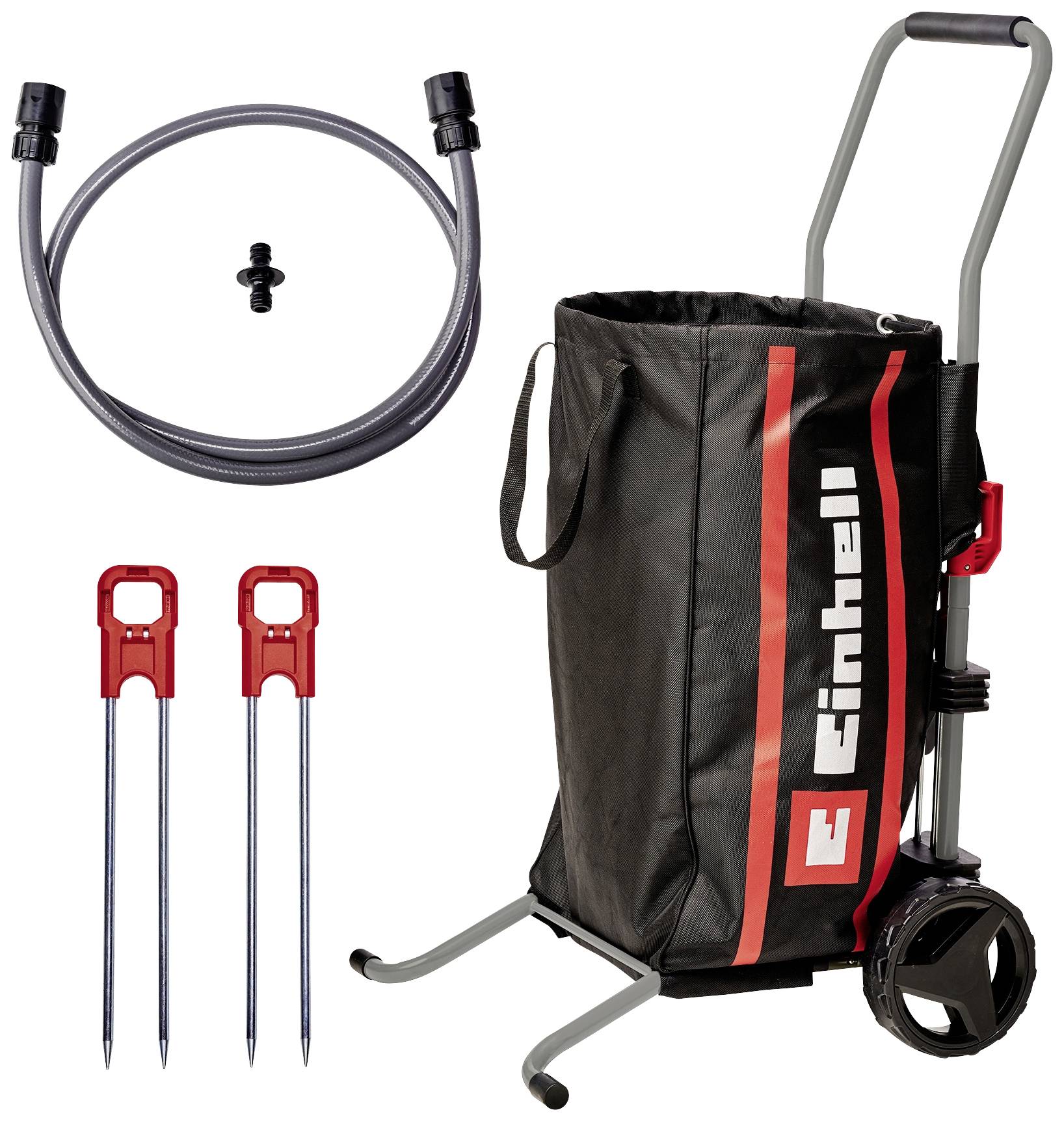 Water tank with transport trolley, hose, bracket and three red ground stakes. Accessory for garden irrigation.