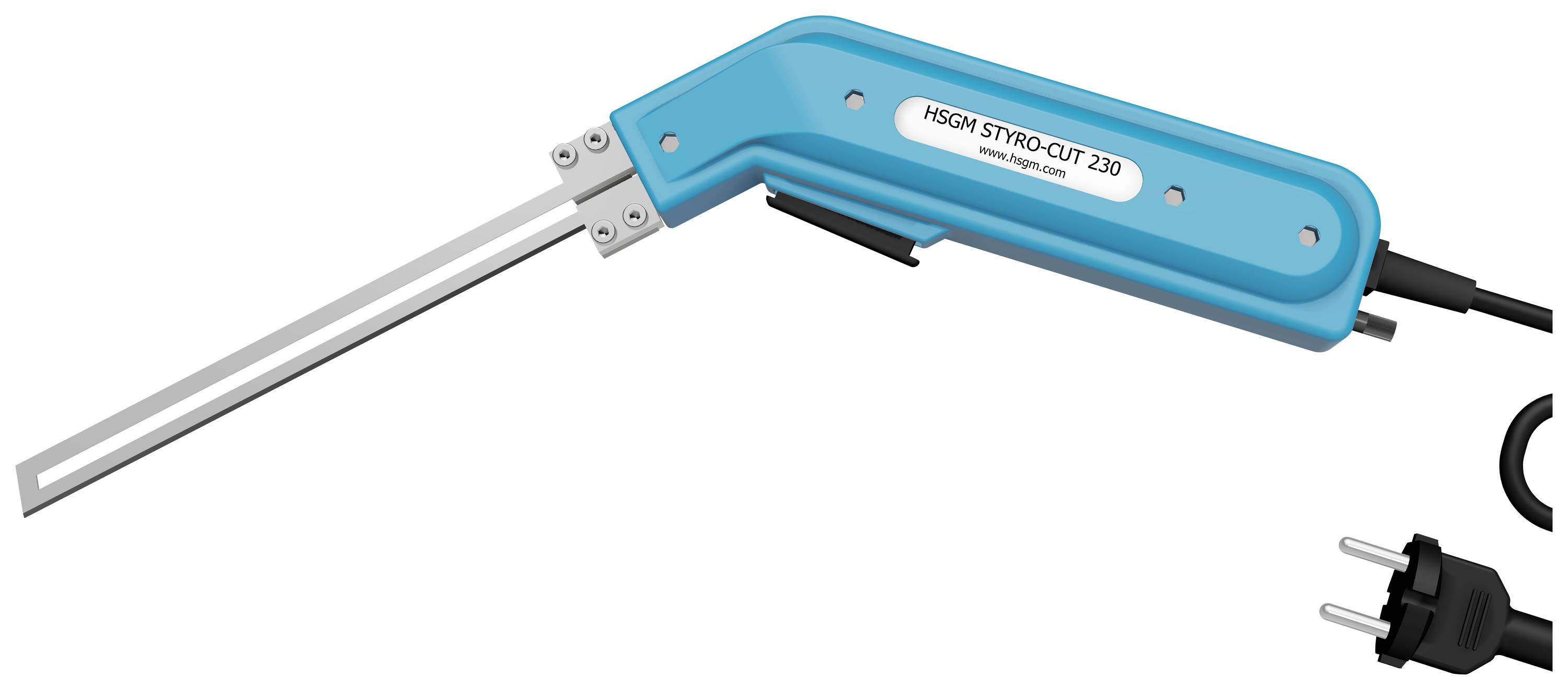 Electric cutting device with a blue handle and metal blade, used for cutting polystyrene foam. Includes an attached power cable.