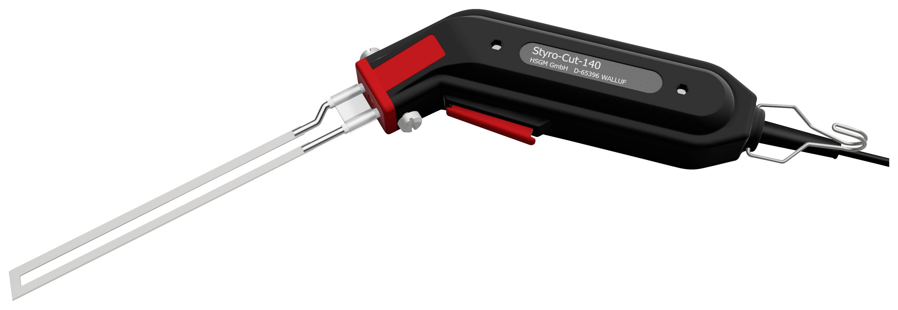 Electric cutting tool with a red handle and metal blade, suitable for precision cutting of materials such as fabric or foam.