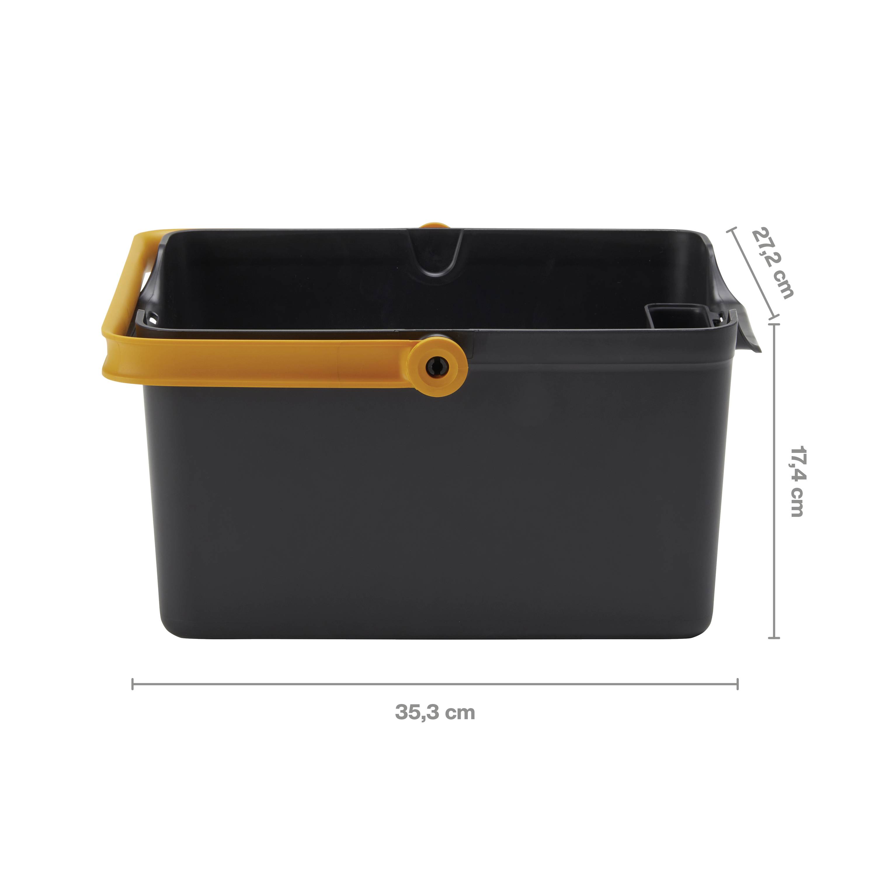 Rectangular black bucket with orange handle, dimensions: 35.3 cm width, 21.2 cm depth, 17.4 cm height.