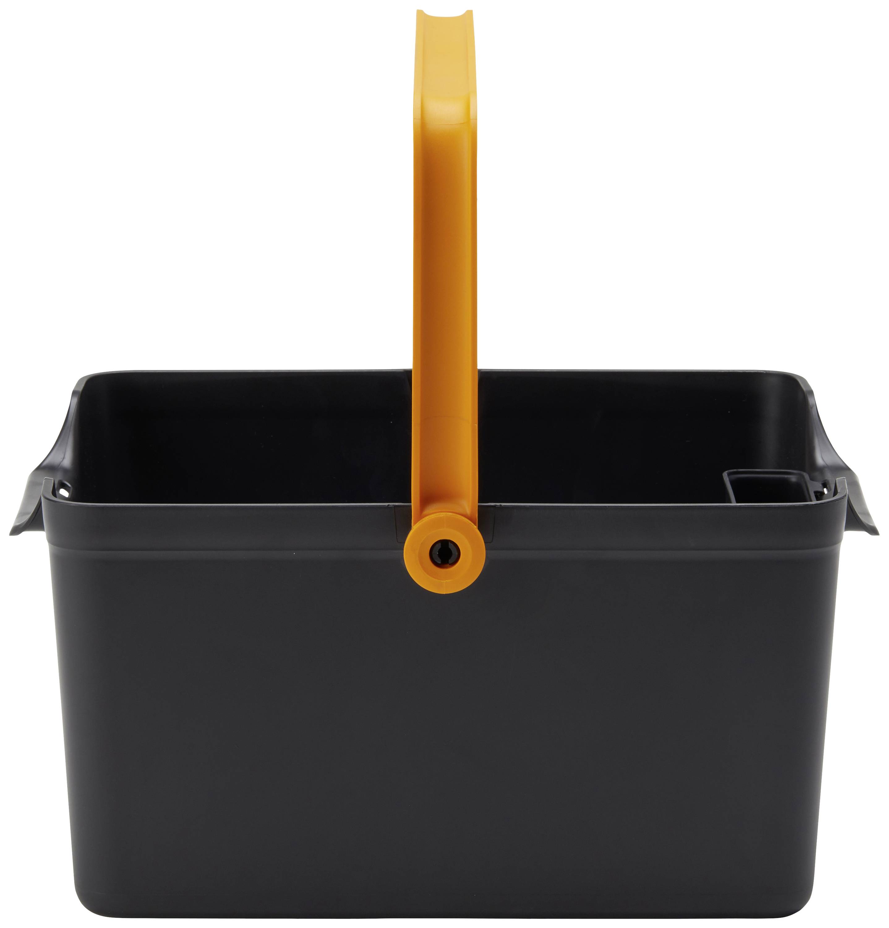 A black bucket with an orange handle, standing vertically. The bucket is empty and made of plastic.