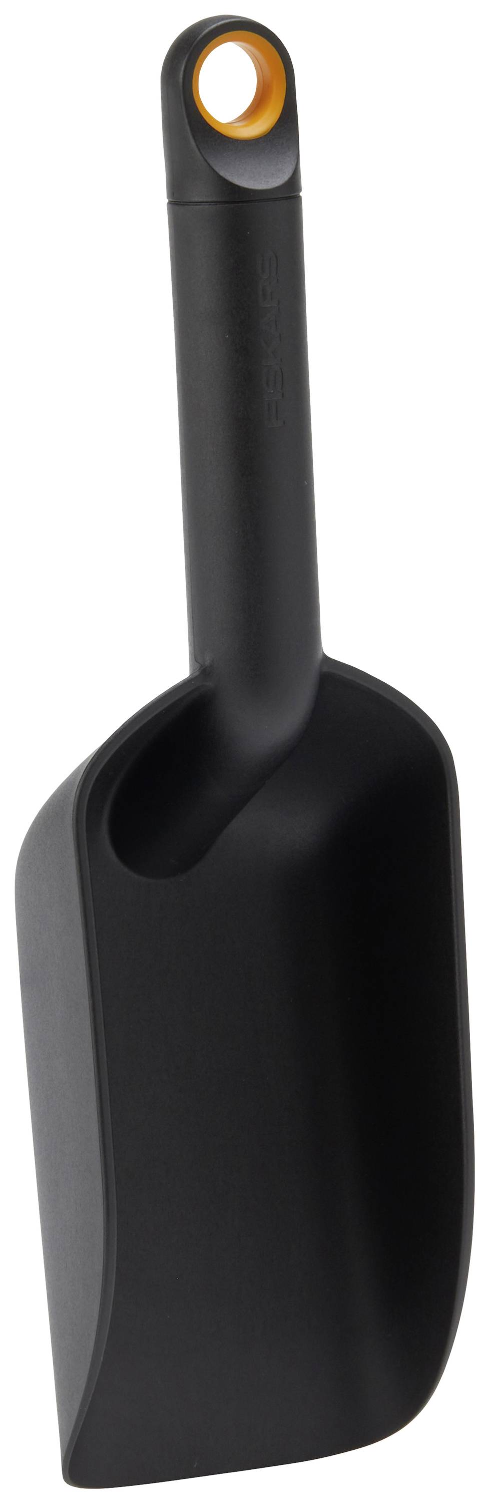 Black plastic shovel with ergonomic handle and hanging loop. Ideal for gardening tasks or snow clearing in winter.