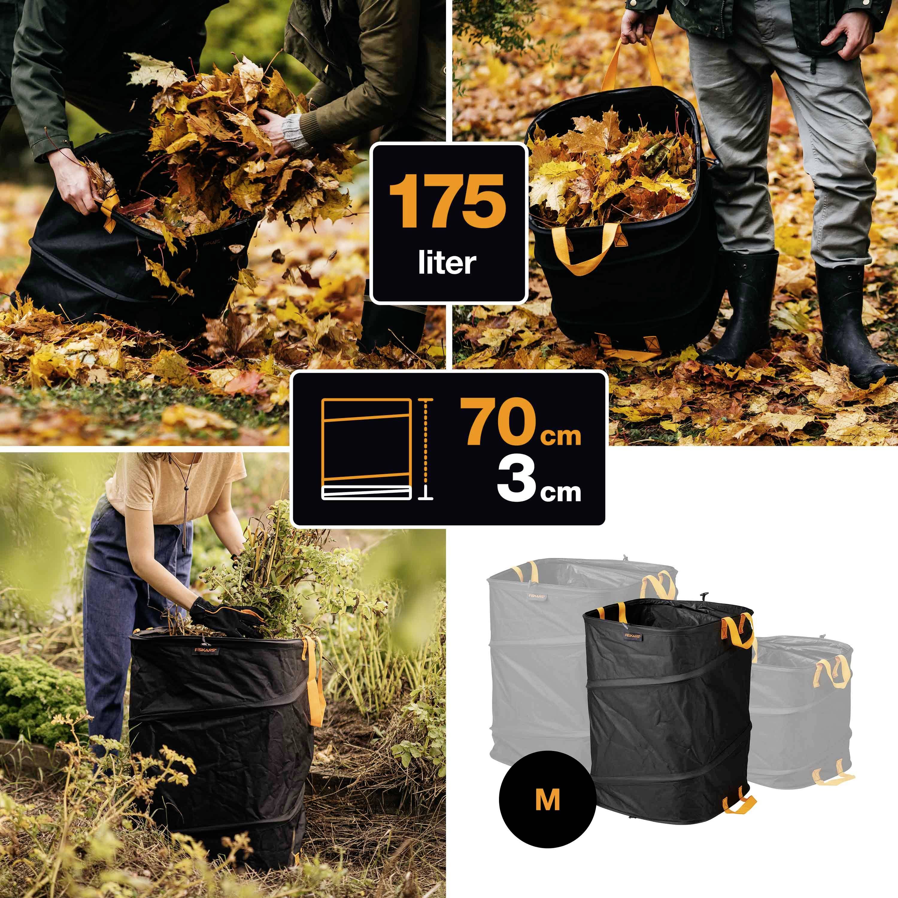 Medium garden bag with 175 litre capacity, 70 cm height, 3 cm robust. Ideal for leaf collection. Outdoor use demonstrated.