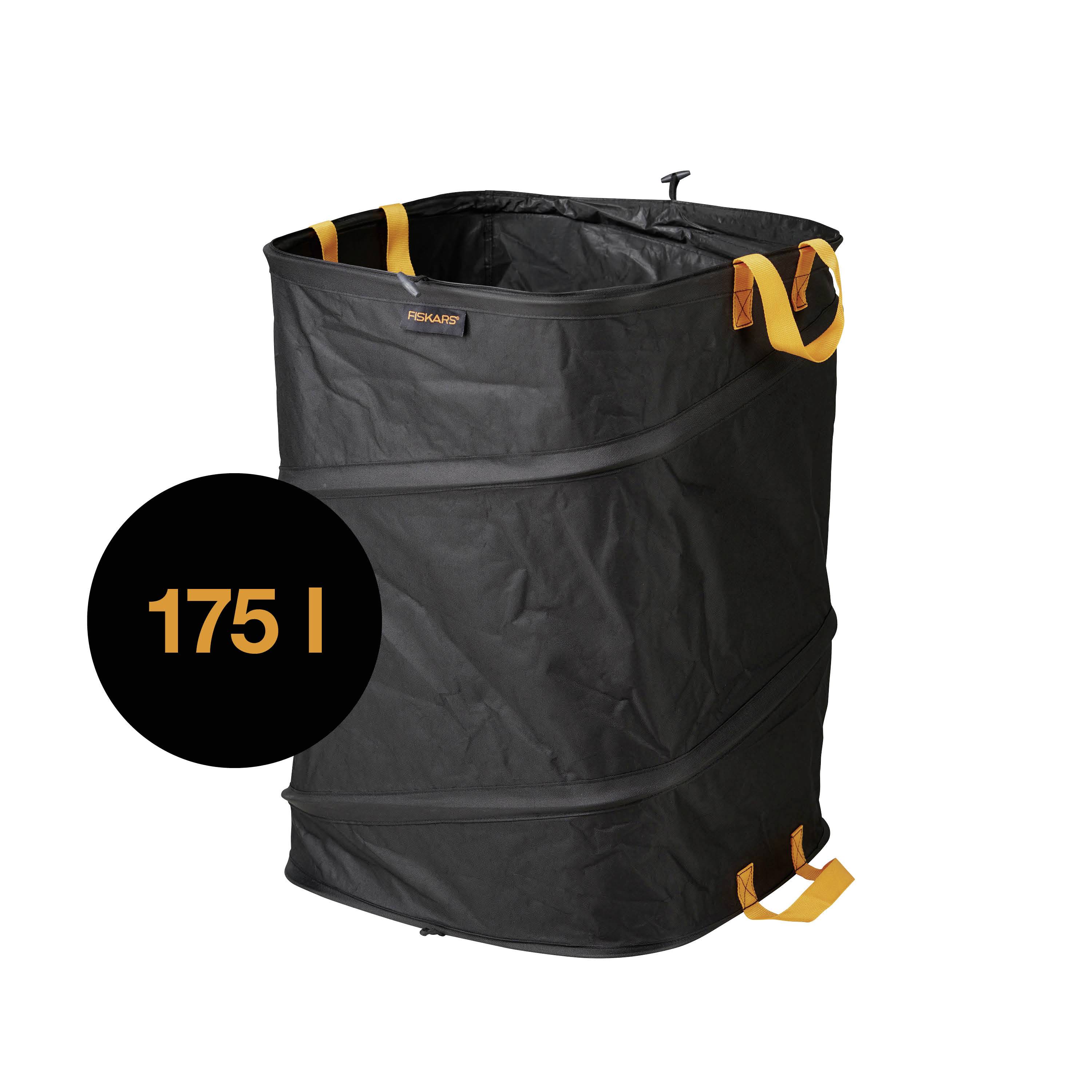Large black garden bag with handles and '175 litre' capacity specification.