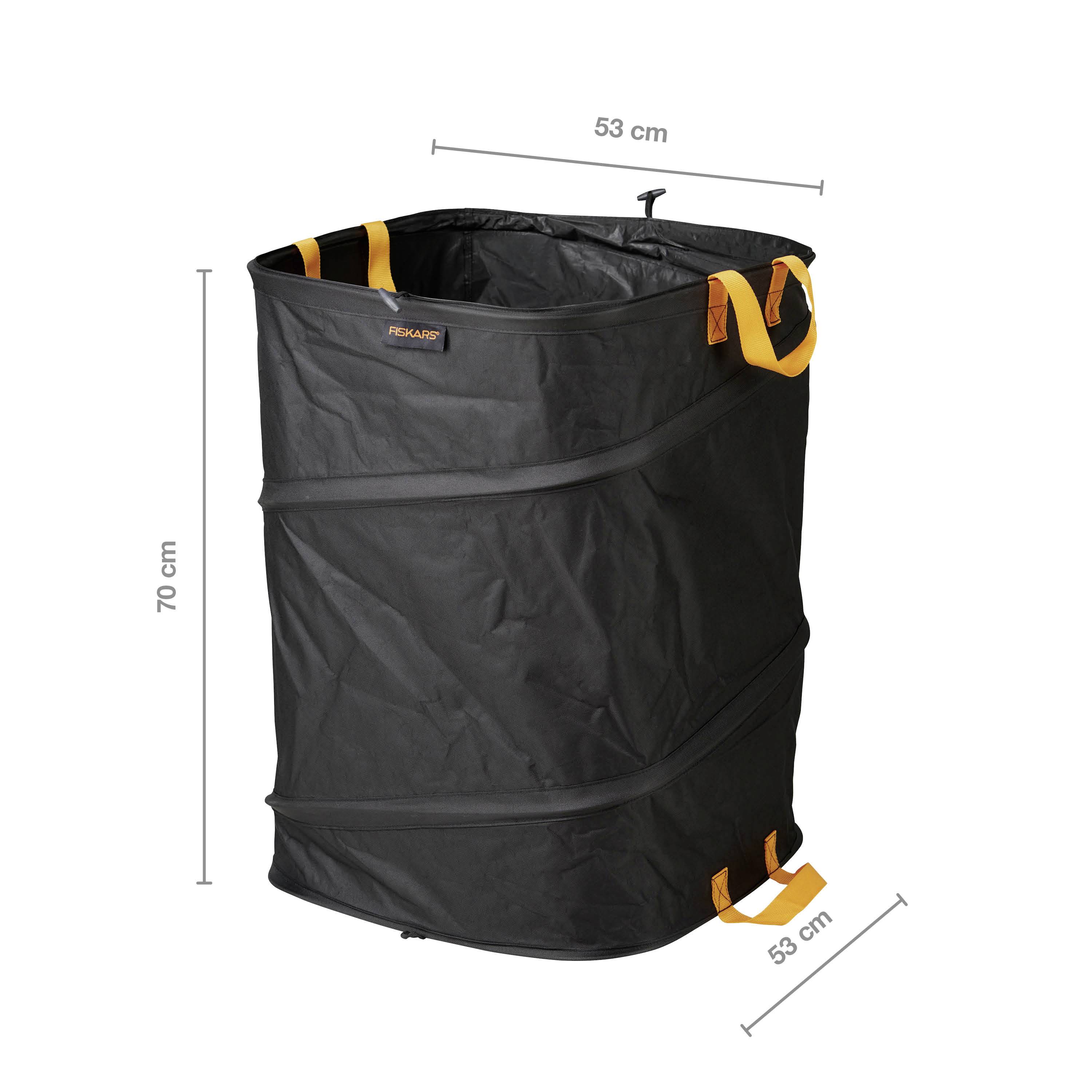 A black, foldable garden bag with orange handles. Dimensions are 53 cm x 53 cm x 70 cm.