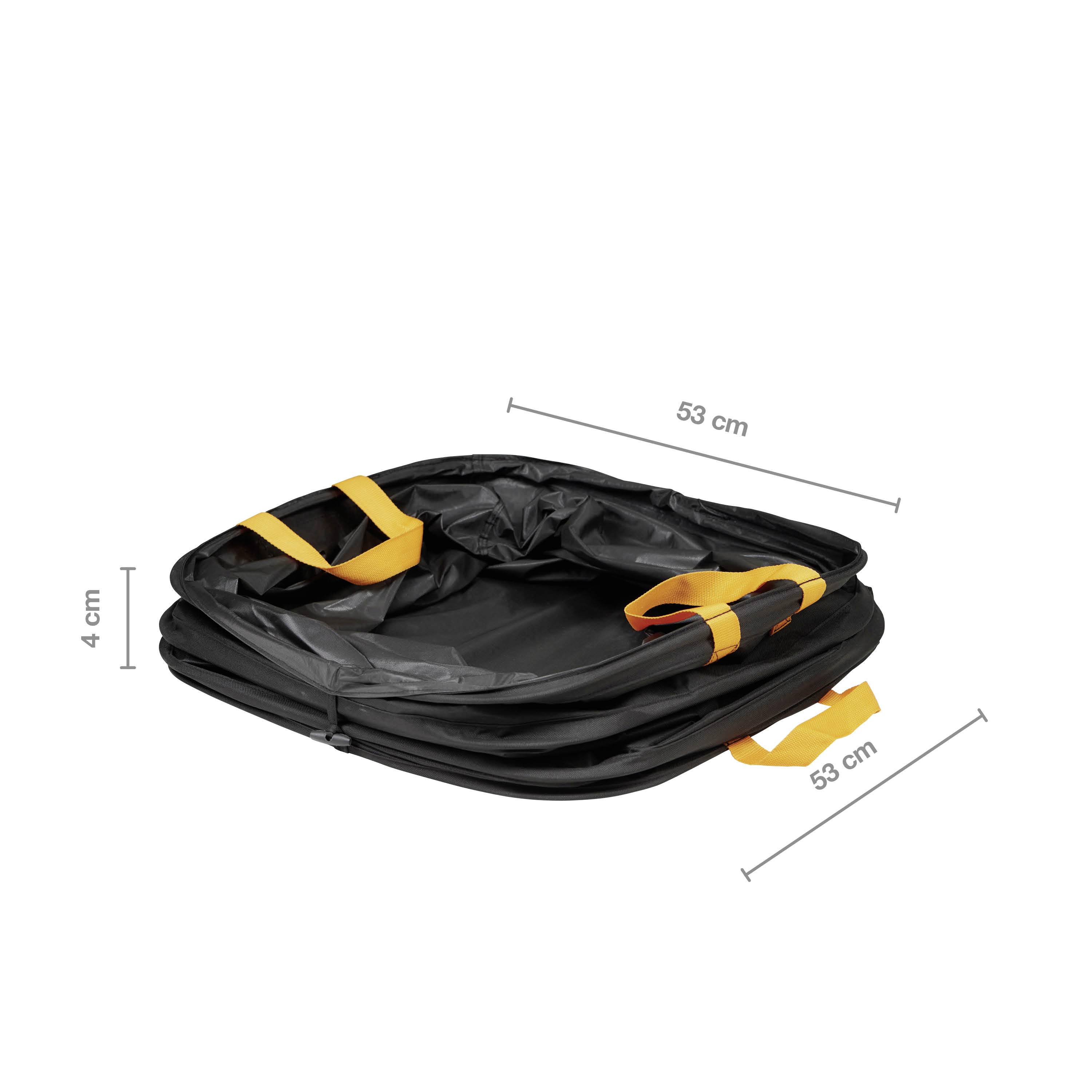 Black, foldable box with yellow handles, 4 cm high, 53 cm wide. Thin and easy to store, ideal for transport purposes.