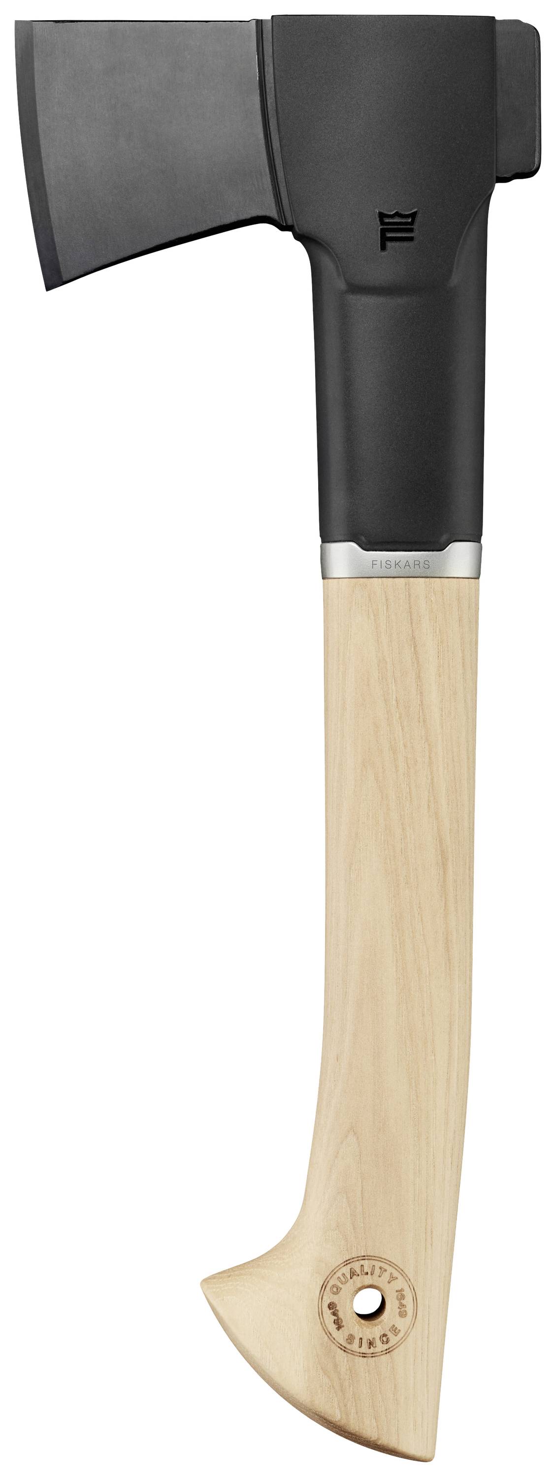 An axe with a light wooden handle and a black head.