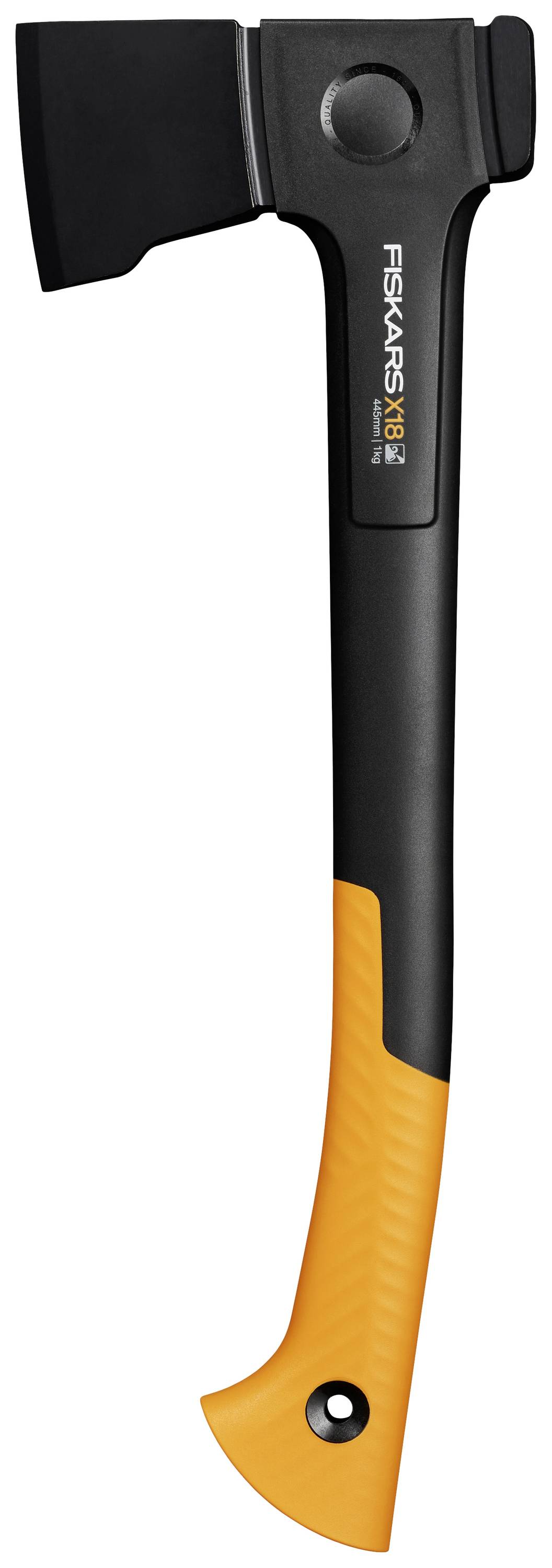 Axe with a black head and orange handle, Fiskars X10 brand.