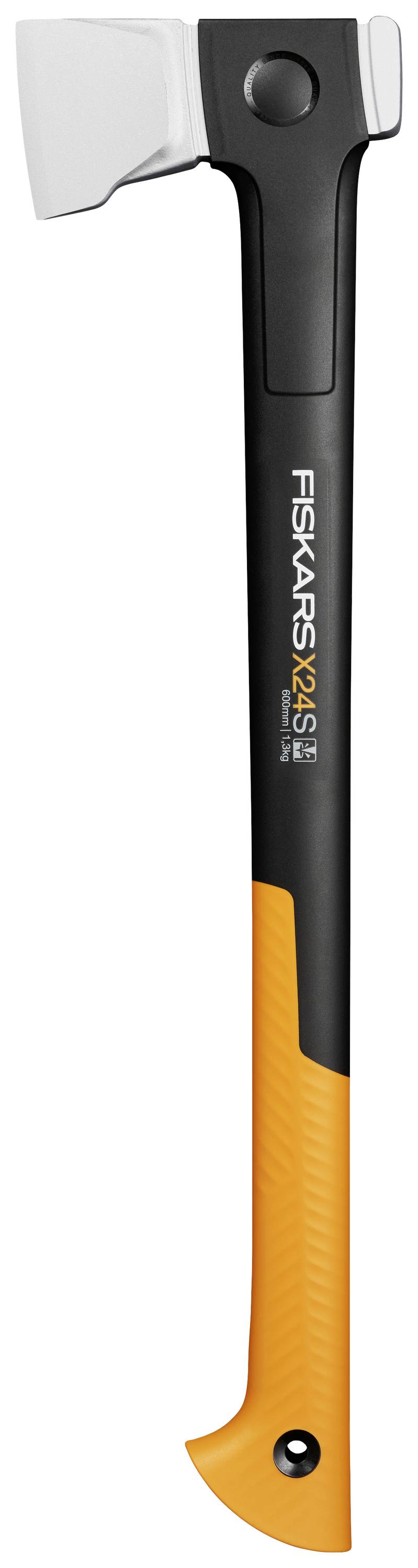 An axe with a black handle and orange lower section. It is frequently used for splitting wood.