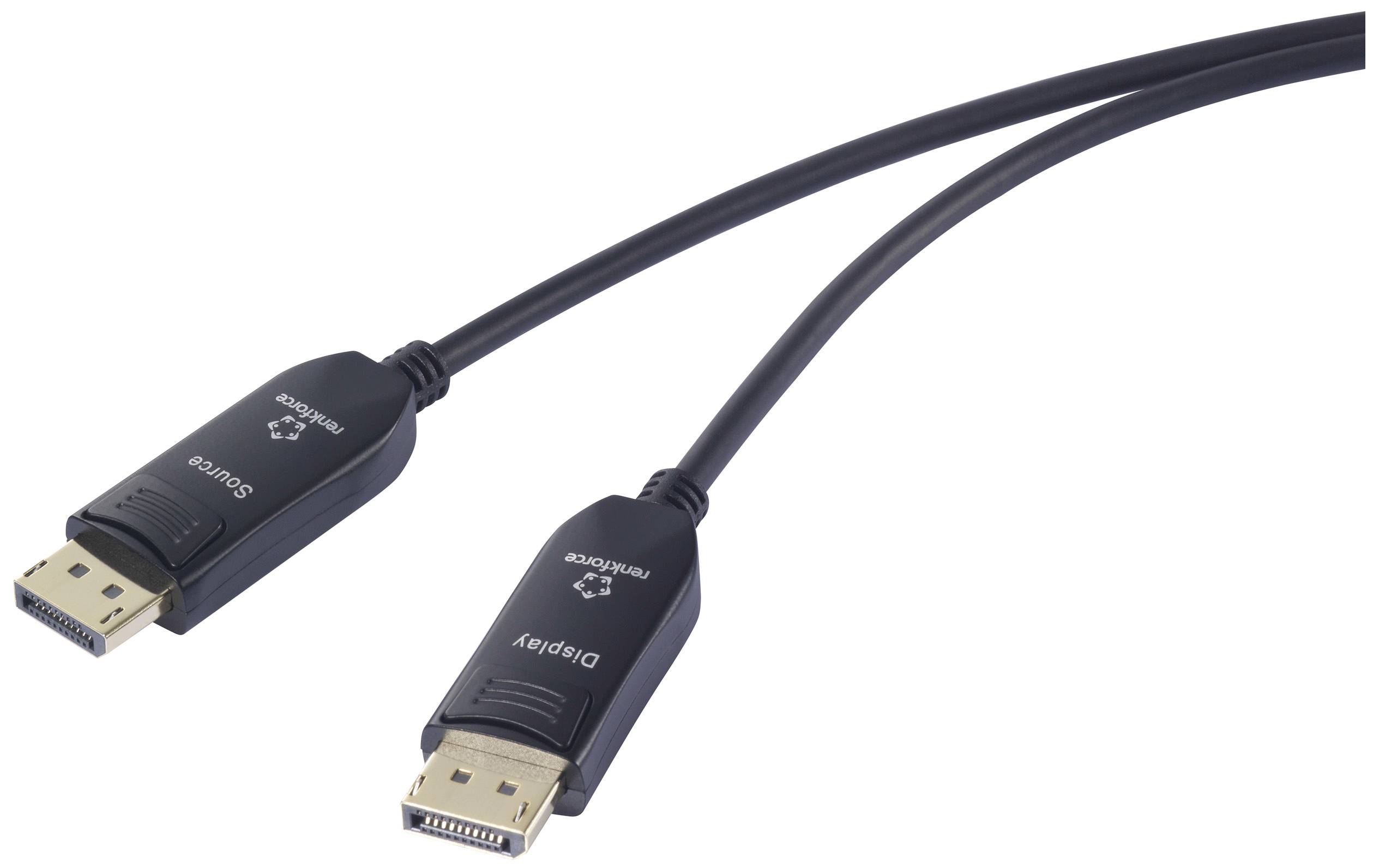 Two DisplayPort cables with black connectors, labelled 'Display' and 'Source'. They are suitable for connecting devices.
