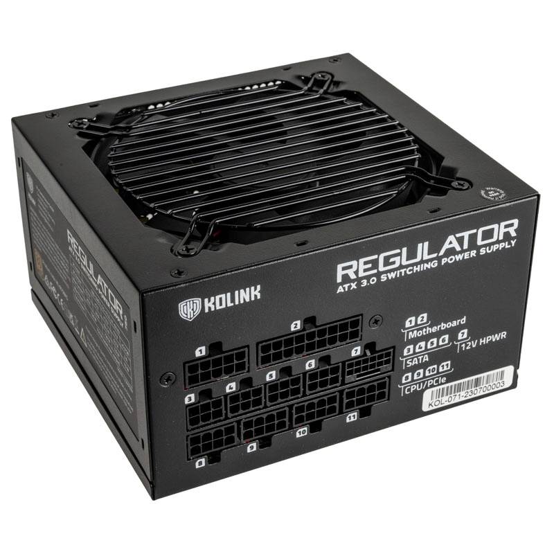 Black power supply from Kolink with multiple connections, including 'motherboard' and 'CPU/PCIe'. Labelled as 'Regulator ATX 3.0 Switching Power Supply'.