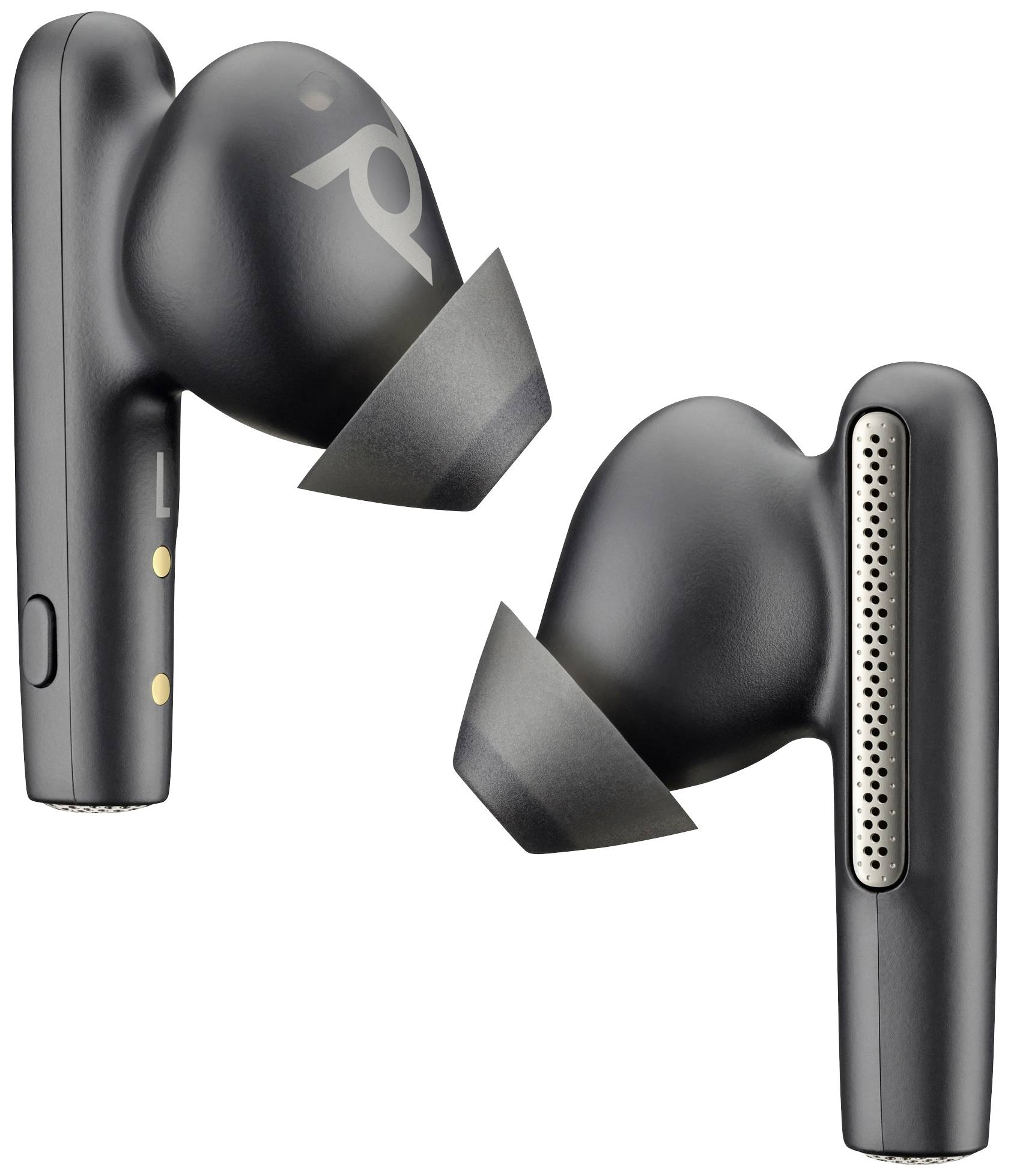 Wireless black earbuds with a sleek design, pictured from left and right, showing microphone openings and rubber ear tips.