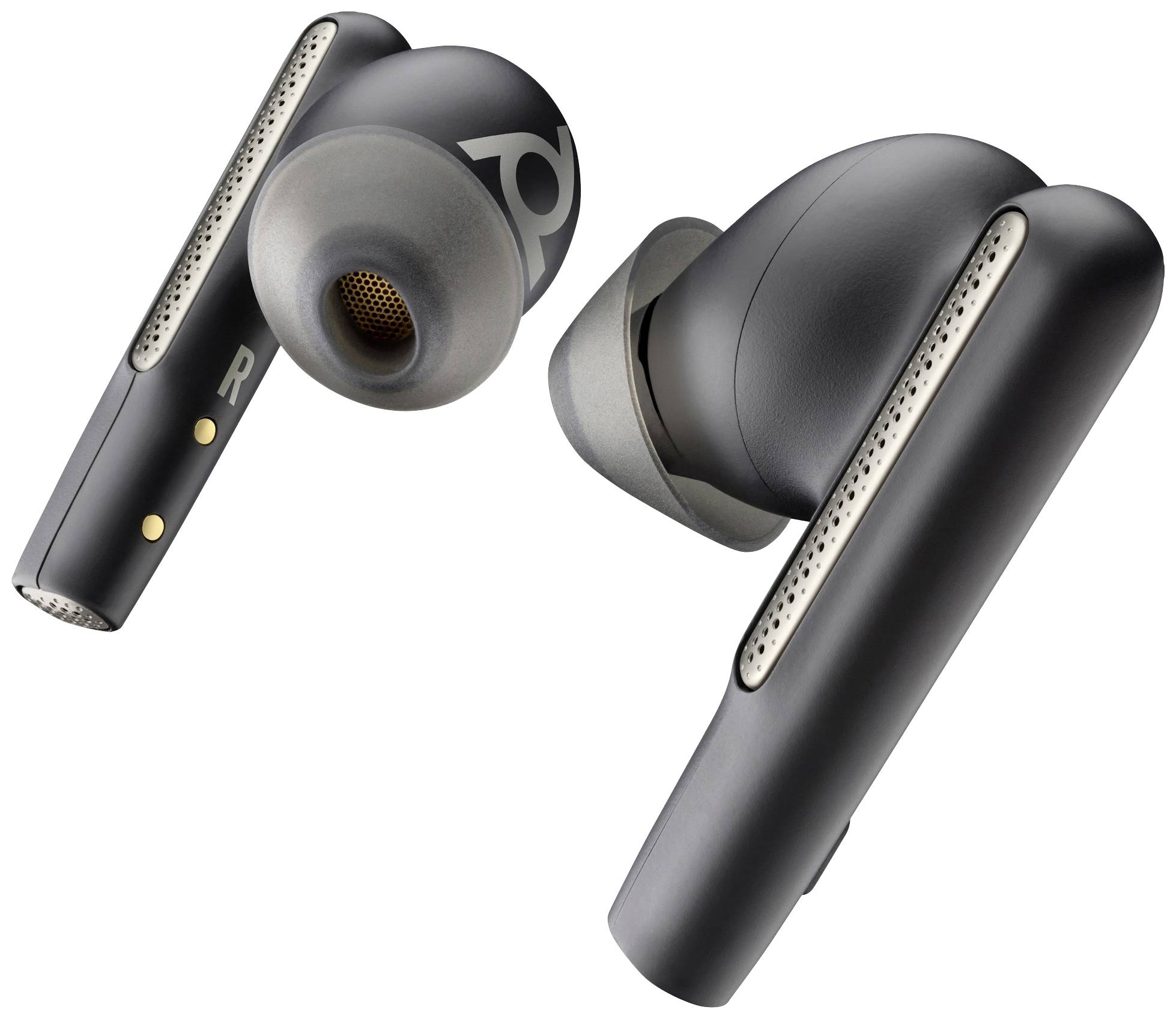 Wireless black in-ear earphones with silver details, in a modern design.