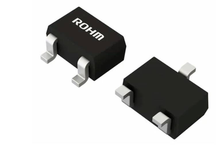 Two black semiconductor components with 'ROHM' printed on them, each with three metal connections, likely transistors or diodes.