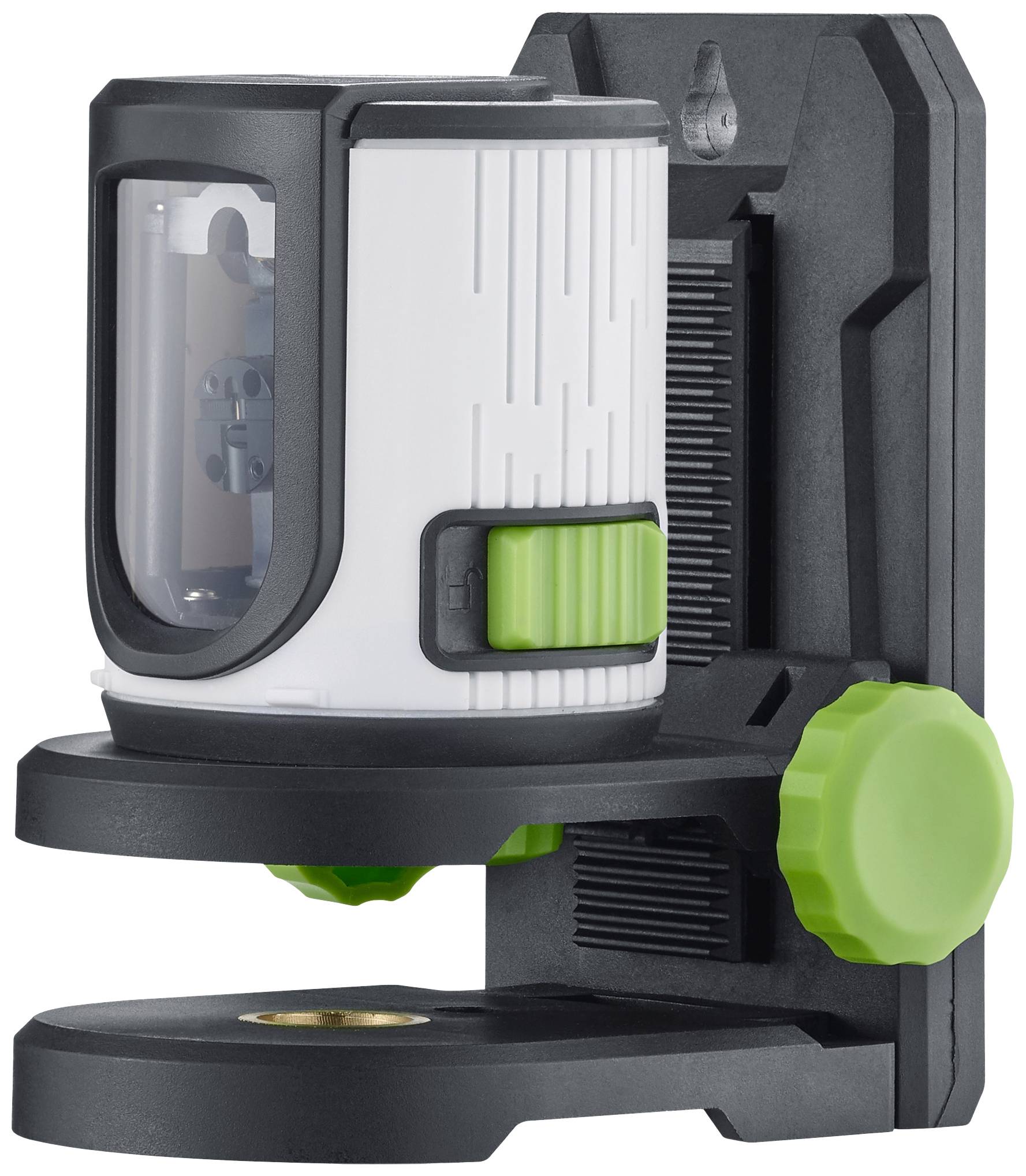 A green-dialled laser rangefinder with a white casing, mounted on a black bracket.
