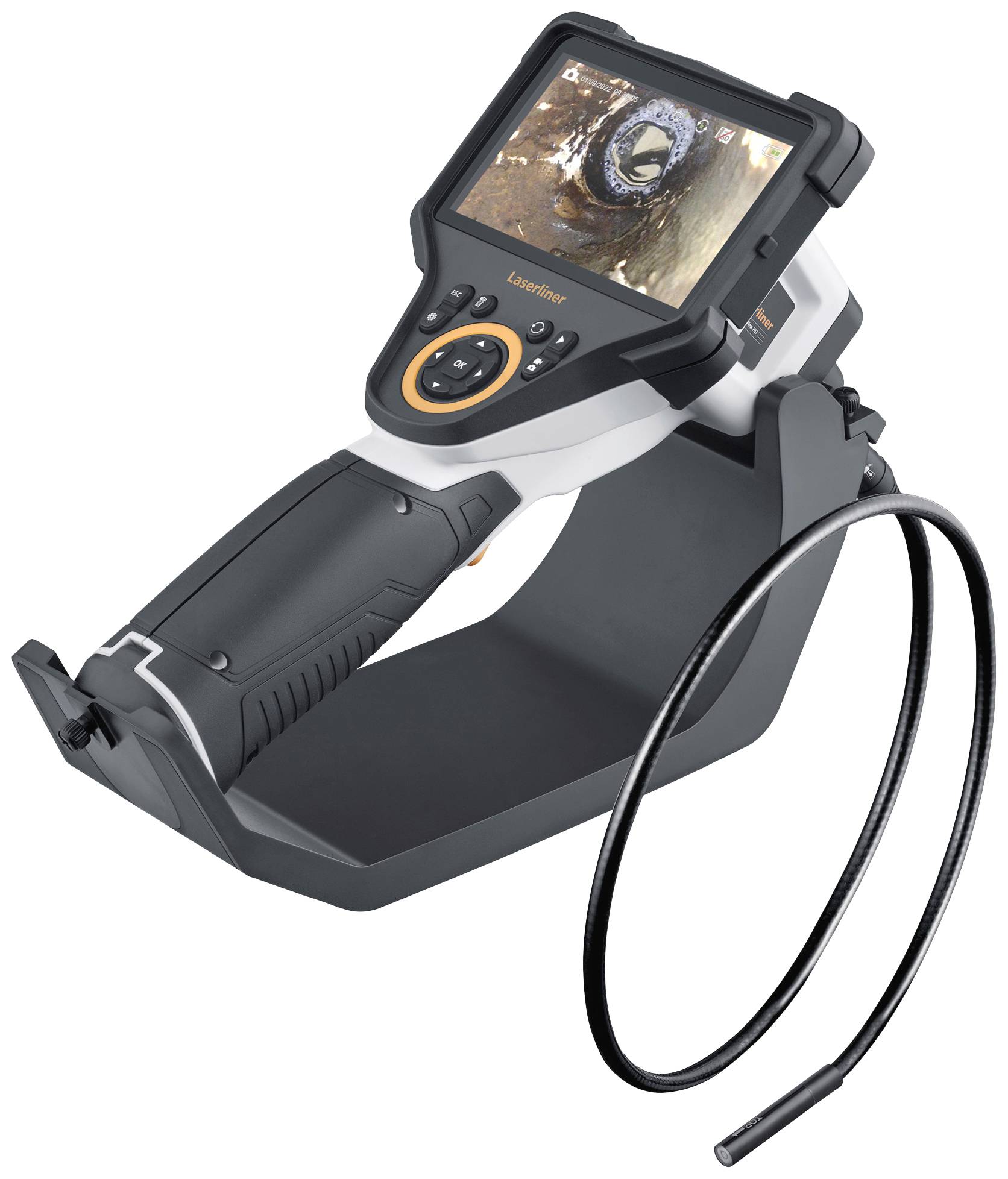 Portable endoscope with a flexible cable and screen for inspecting hard-to-reach areas, with a pipe displayed on the screen.