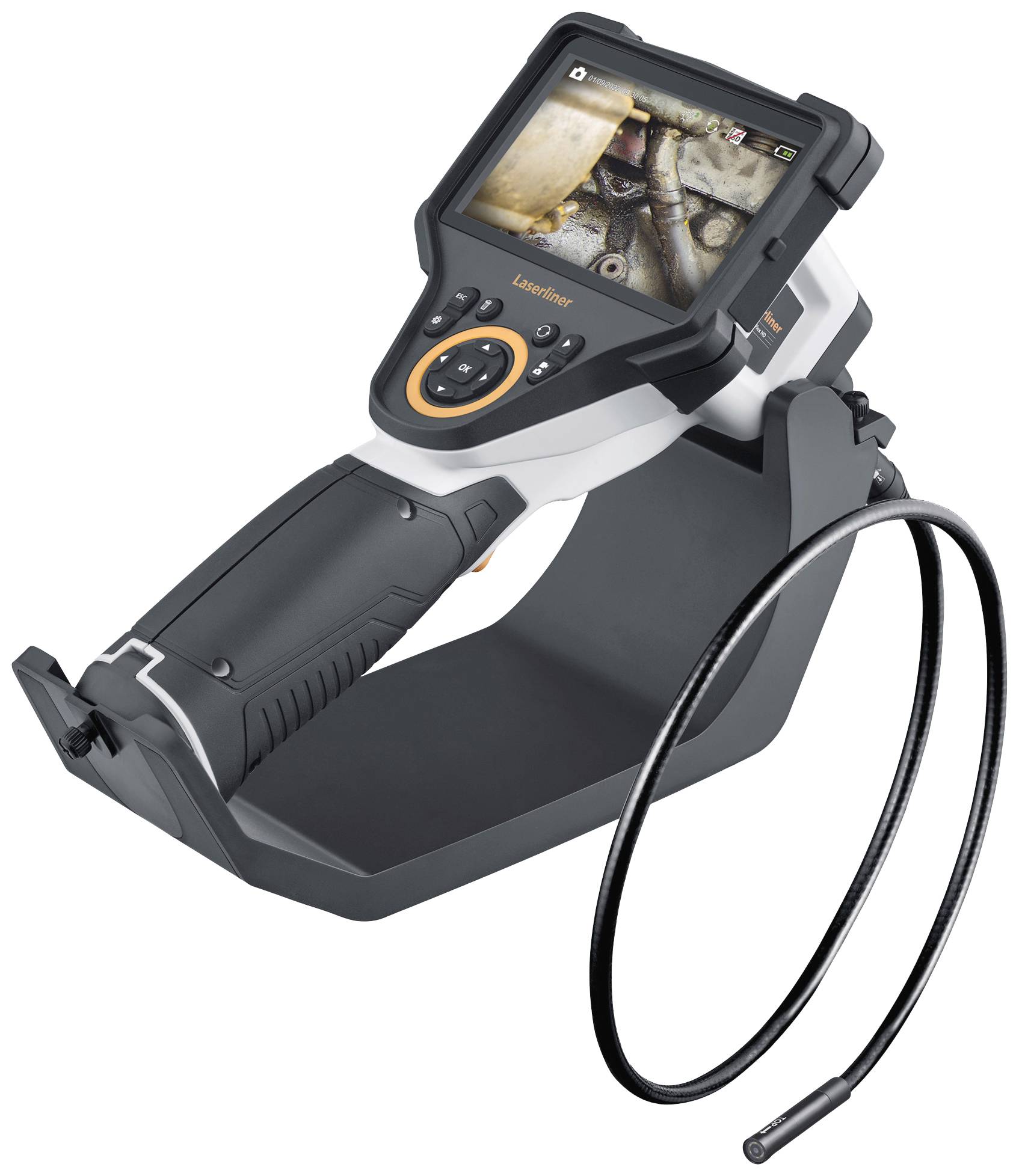 Industrial endoscope with a flexible cable and screen, displaying an image of the inside of a machine. Primarily used for inspection purposes.