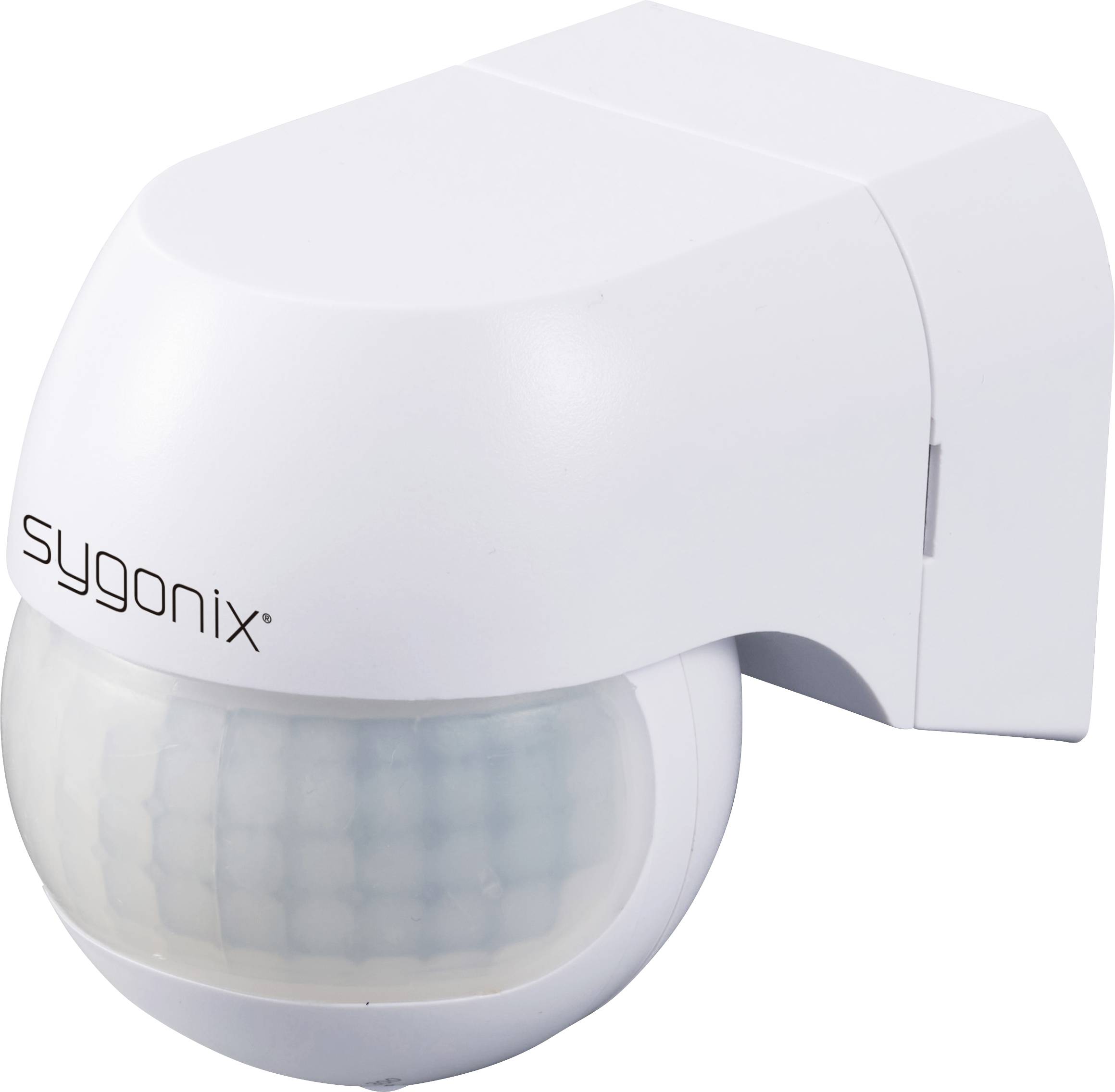 A white Sygonix motion sensor with a curved sensor lens.