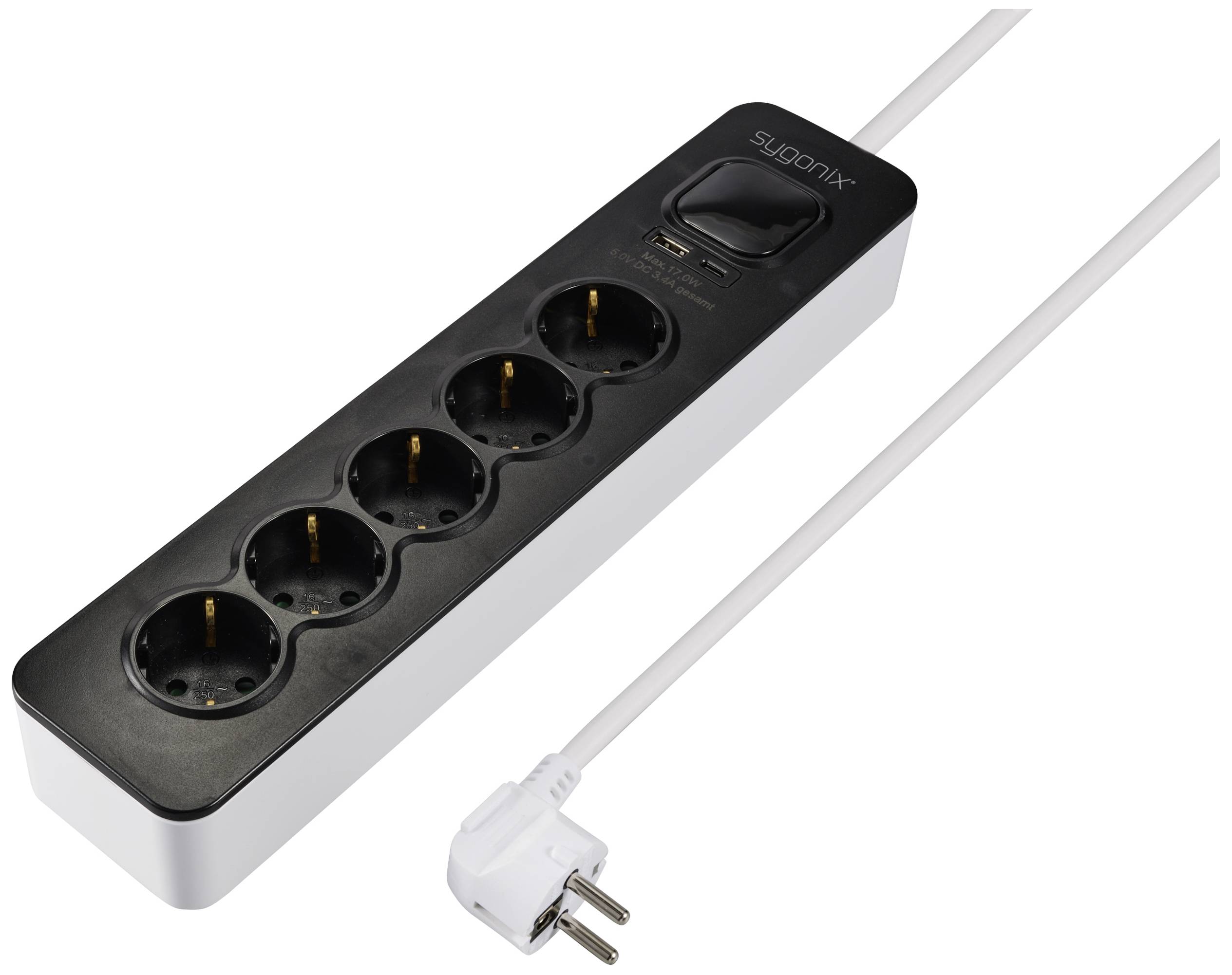 Black multi-socket extension lead with five sockets and an on/off switch, white cable with angled plug.