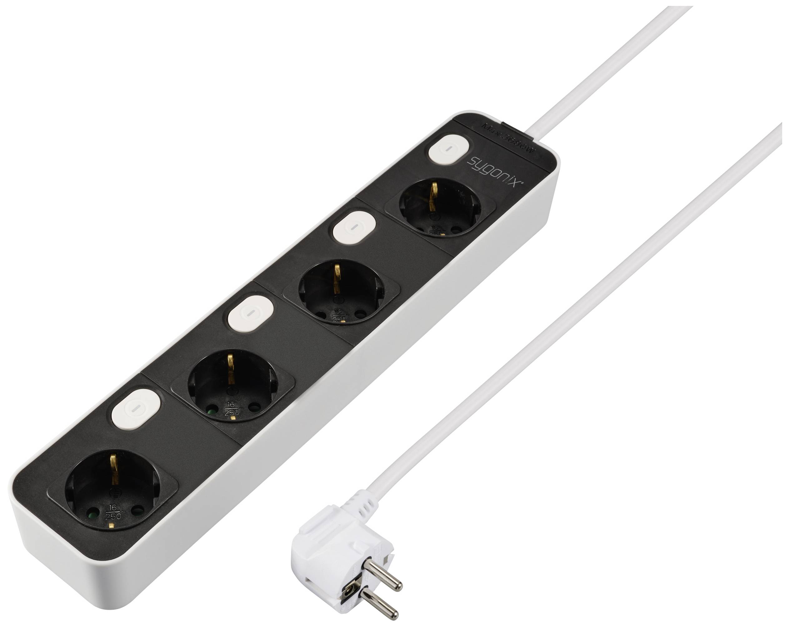A white four-socket extension lead with a white cable connected to a white angled plug.