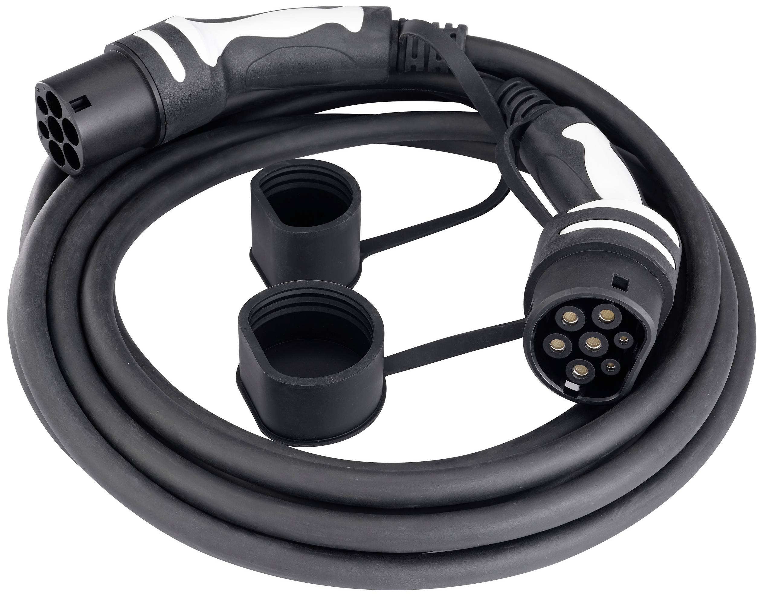 Electric vehicle charging cables with two plugs and covers, ready to connect to a charging station or vehicle.