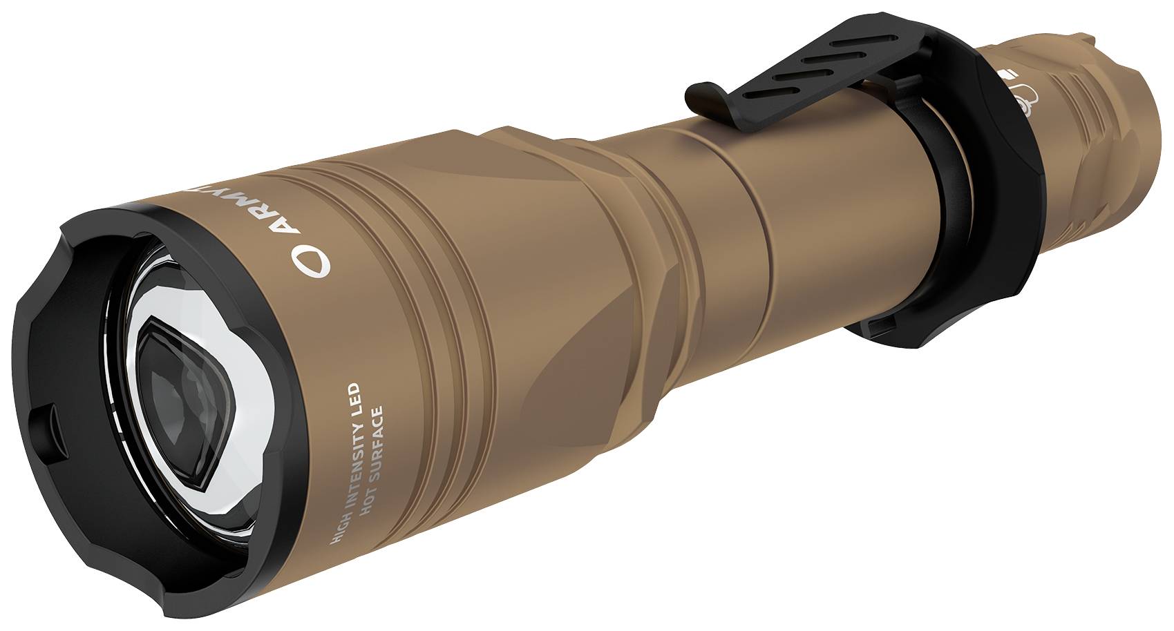 Brown torch with clip, compact design, powerful LED. Suitable for outdoor use.