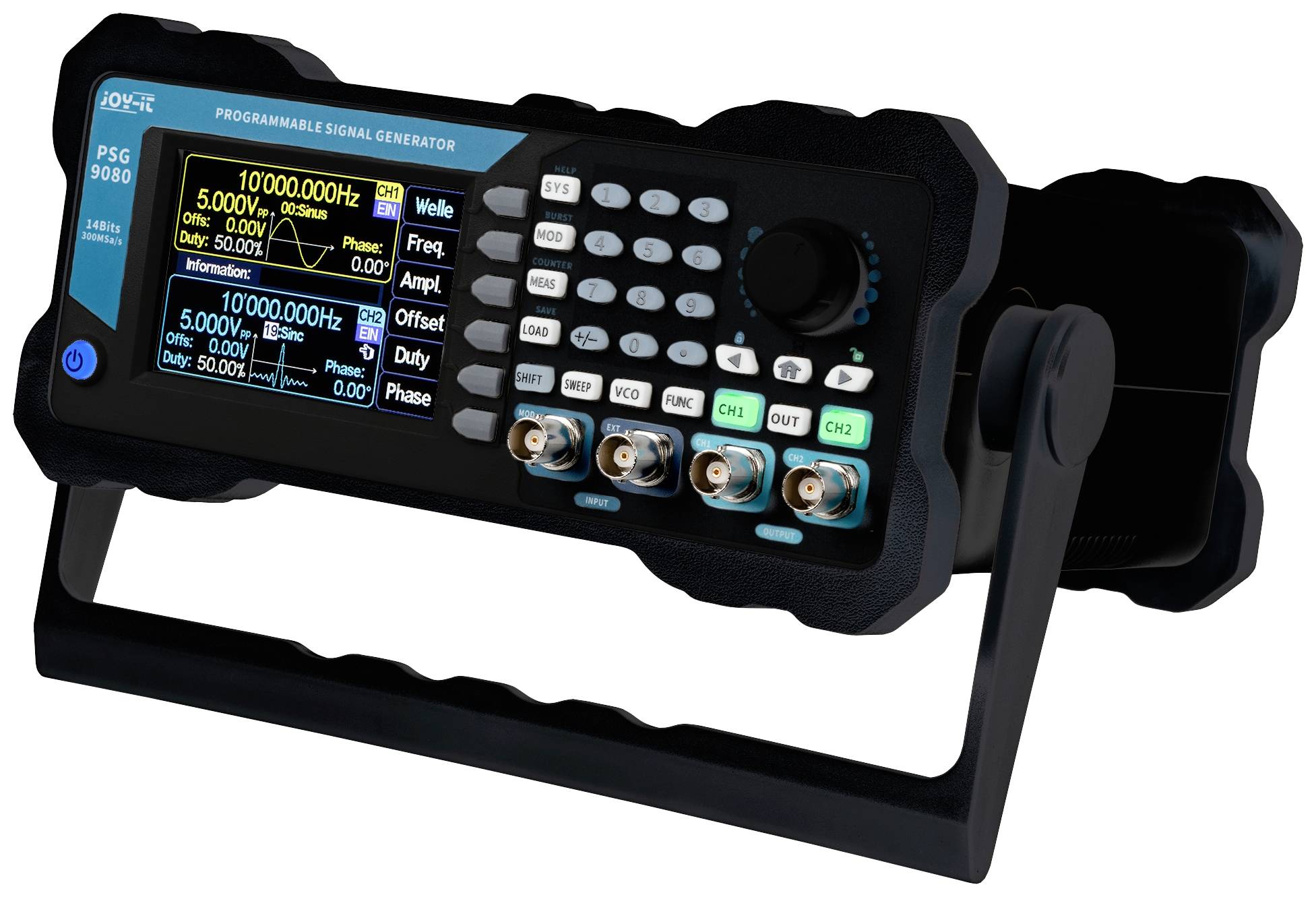 Programmable signal generator with display showing frequency, amplitude, and phase information. Multiple connection options visible.