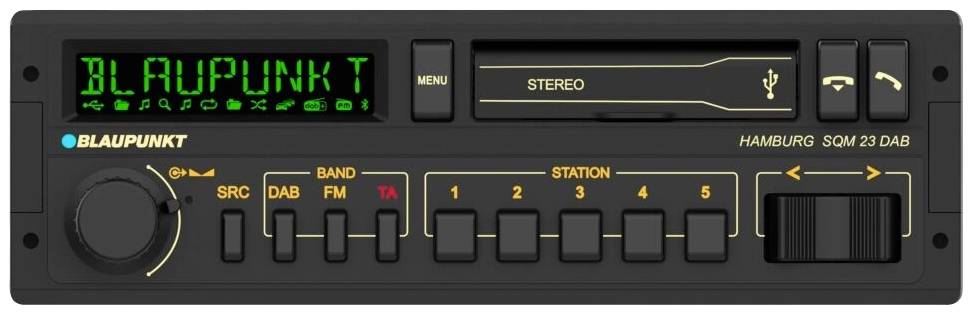 A Blaupunkt car radio with various buttons for station selection and menu. Display shows 'BLAUPUNKT'.