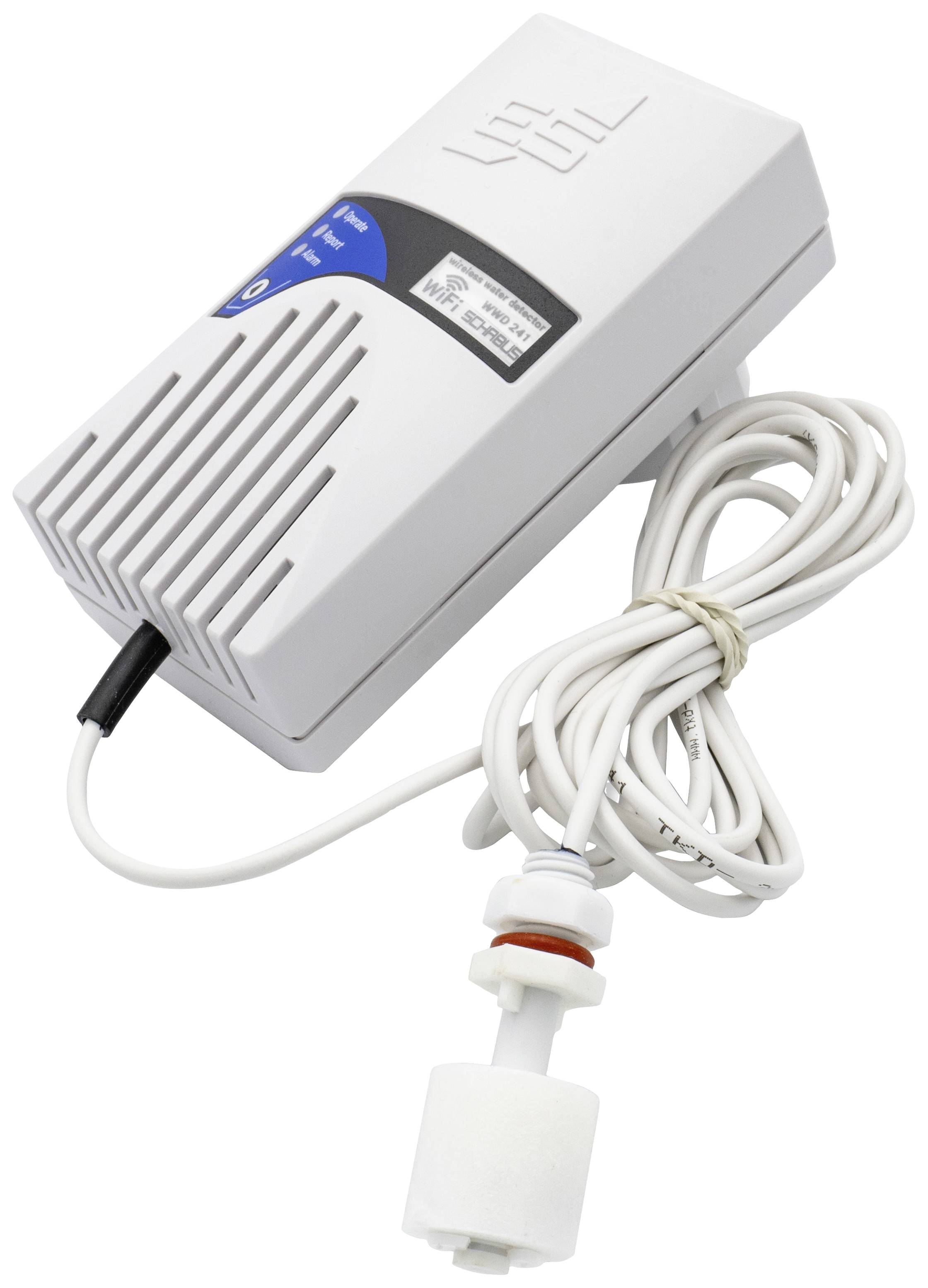 A white float switch with a long cable, used for liquid level detection in containers.