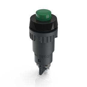 A green push button in a black and grey housing, suitable for electronic circuits.