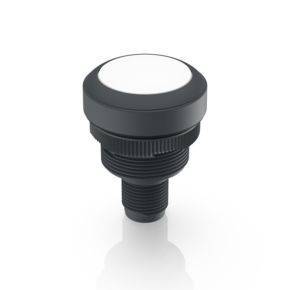 Black, round, industrial-style button with a white top, viewed from the side. Suitable for device control panels.