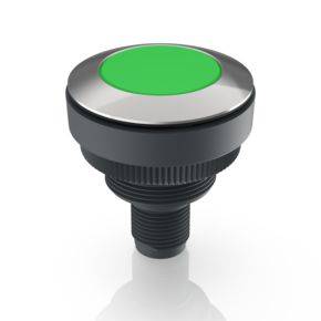 A green button on a black casing, likely an electrical switch, against a white background.