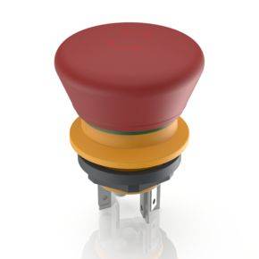 A red emergency stop button, commonly used on machinery to quickly halt operations in the event of an emergency.