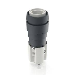 A black and white cylindrical plastic plug adapter, likely intended for industrial or technical use.