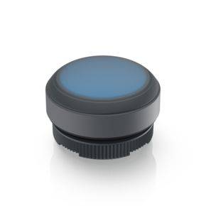 A round, blue button with a black casing, ideal for electronic devices or machine controls.