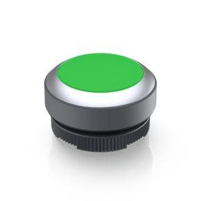 A round, green button with a silver rim and black base, isolated on a white background.