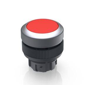 Red emergency stop button, round, mounted on a black base, primarily used for safety shut-off in machinery or equipment.