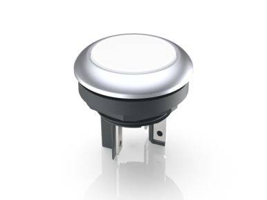 A round, silver push button with two metal terminals, suitable for electronic applications.
