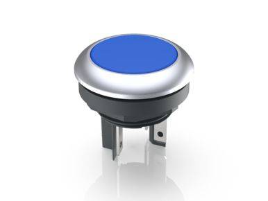 A round blue push button with a silver rim and two pin contacts, suitable for equipment control panels.