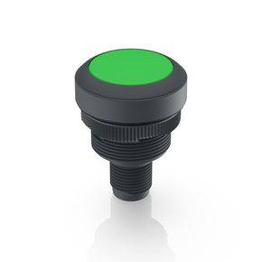 A round, green push button in a black housing, suitable for industrial control.