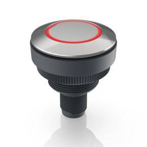 A grey and red round press button with a smooth, glossy metallic finish and threading on its underside.