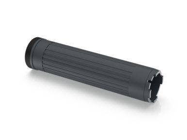 Black elongated plastic handle with a ridged surface, possibly part of a bicycle handlebar accessory.