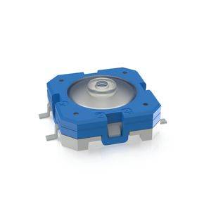 A blue and silver mechanical switch for electronic devices with a rectangular base and round central cap.