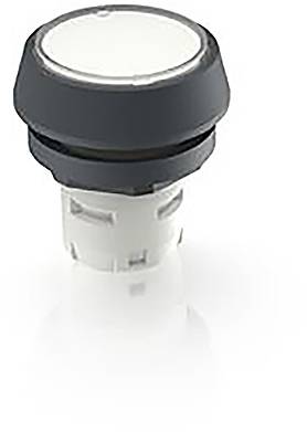 Black plastic button with a white surface on a white background. Potentially used for electrical devices or control panels.