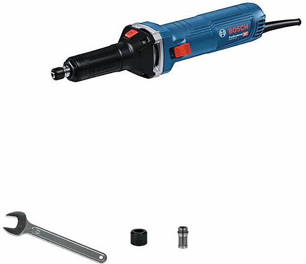 A blue electric straight grinder with a black shaft, next to a spanner and two smaller accessories.